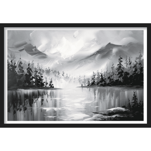 Impressionistic landscape painting of a mountain lake.