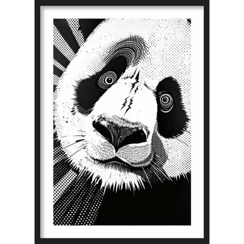 Black and white halftone close-up of a panda face with hypnotic eyes - bold comic-style wildlife wall art.