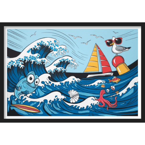 Pop-art cartoon-style ocean scene with waves, sailboat, and seagulls - colorful nautical artwork for kids and family spaces.