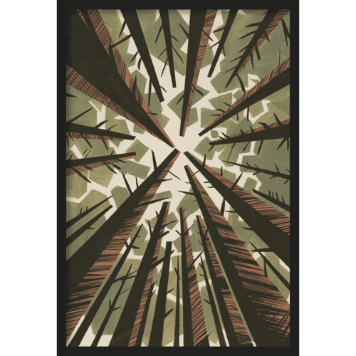Stylized upward forest view with converging trees in earthy green and brown tones - geometric nature-inspired wall decor.