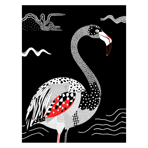High-contrast black and white illustration of a flamingo with bold red accent and patterned feathers - modern graphic wildlife print.