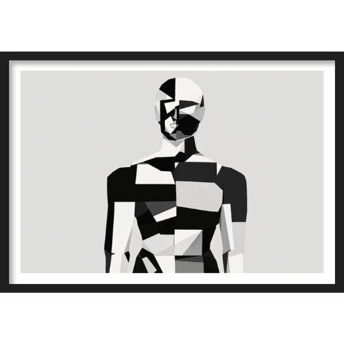 Abstract geometric figure of a human composed of angular black, white, and gray shapes - color-block art.