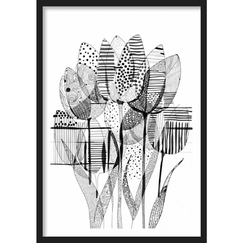 Black and white abstract painting of a tulip bouquet composed of patterned petals and floral detailing - modern line art floral print.
