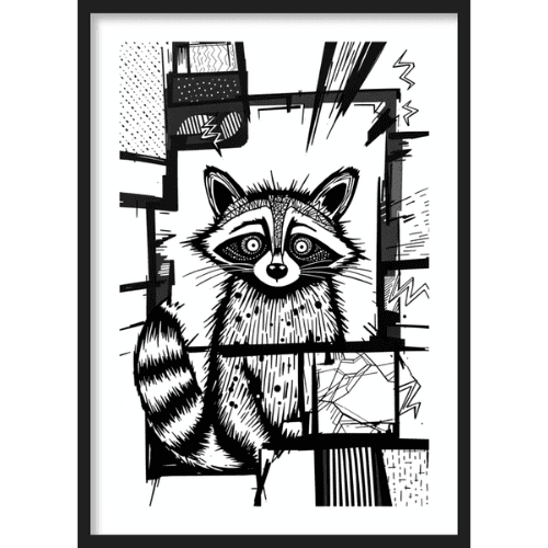 Pop-art black and white sketch of a raccoon in a comic-style frame with jagged lines and textures - quirky character art for playful spaces.