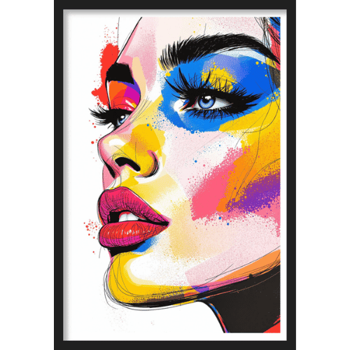 Vibrant abstract portrait of a woman with bold red lips and colorful paint splashes across her face.