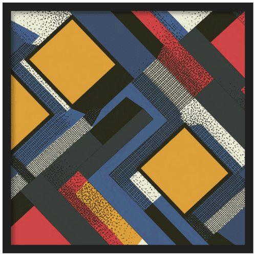 Bauhaus-inspired abstract, geometric design with bold yellow squares and overlapping color shapes - modern geometric artwork.