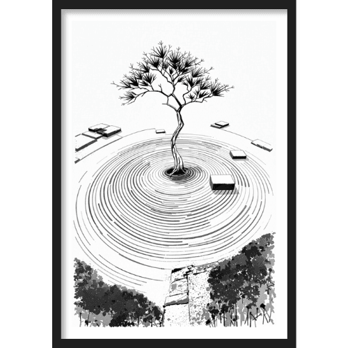 Minimalist ink illustration of a lone tree in a concentric circle zen garden with floating stones - Japanese-inspired wall art.