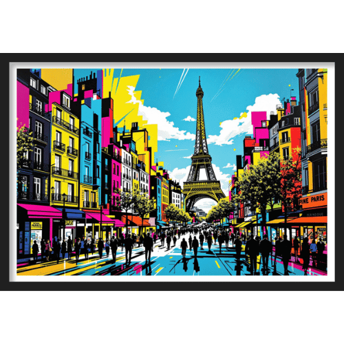 Colorful Pop Art-style cityscape of the Eiffel Tower in Paris surrounded by vibrant buildings and silhouettes - urban travel wall art print.
