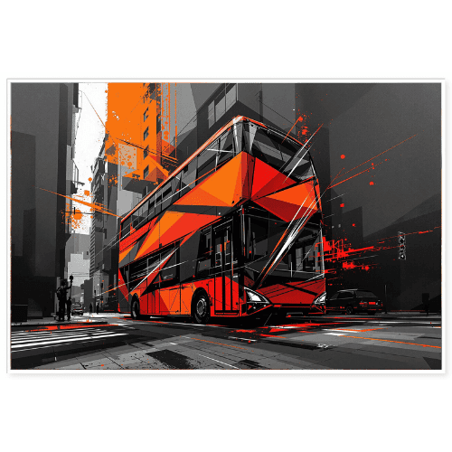 Bold geometric artwork of a red and black double-decker bus in London - graphic urban transportation poster design.