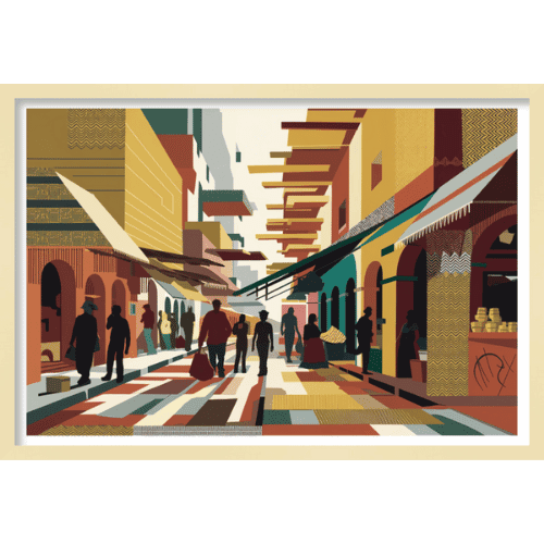 Warm-toned illustration of a bustling market street - cultural urban artwork.