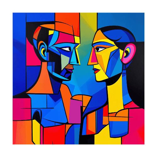 Colorful geometric portrait of a man and woman in a cubist art style with vivid color blocks - expressive abstract figurative artwork.