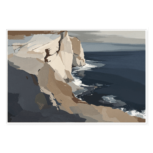 Muted-toned abstract landscape of dramatic sea cliffs and a dark ocean - abstract coastal art for modern interiors.