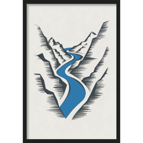 Minimalist landscape featuring a winding blue river flowing through stylized mountains in graphic black and white - clean modern nature art.