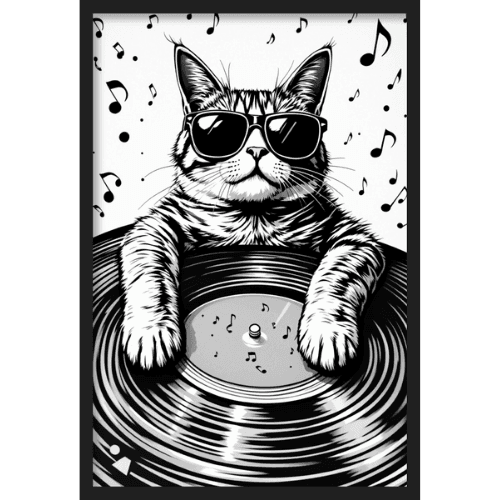 Black and white Pop Art illustration of a cool cat wearing sunglasses - playful music-themed wall art.