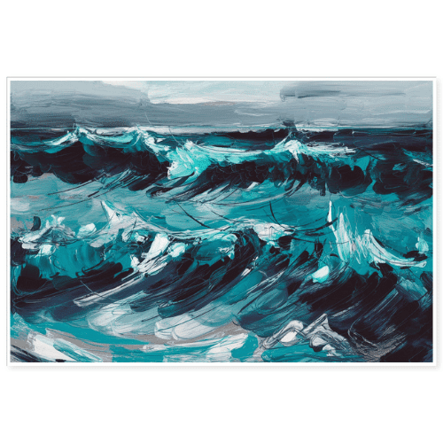 Impressionistic, abstract seascape painting with dynamic teal and navy waves, created in a painterly style for modern ocean-inspired wall art.