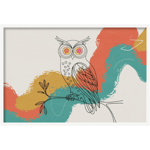 Minimalist owl line art with abstract brushstroke background in warm and cool tones, contemporary home decor.