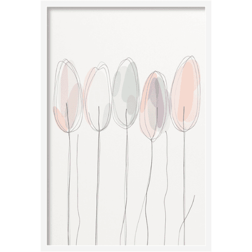 Minimal style pastel tulips illustrated in continuous line art style on white background - contemporary floral wall art.