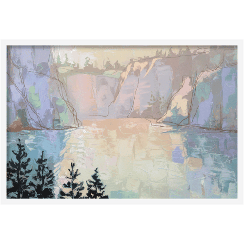 Soft impressionistic landscape of cliffs and reflective lake in muted pastel tones, evoking calm and natural beauty.