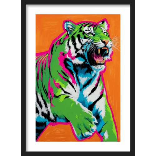 Pop art-inspired painting roaring tiger with vibrant neon colors and bold orange background - contemporary bold wall decor.