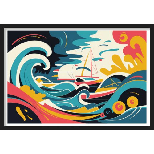 Colorful abstract nautical illustration with waves, sailboats, and dynamic swirls in red, blue, and yellow tones.