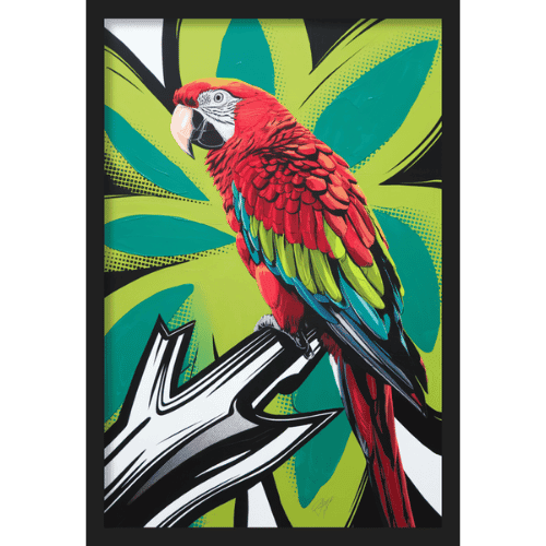 Bold pop art-style parrot perched on a branch with a vibrant green floral background - bohemian wall decor.