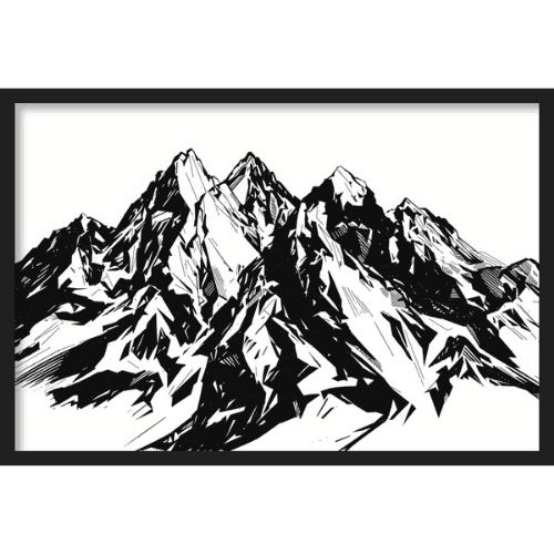 Abstract monochrome sketch-style mountain range artwork with sharp peaks and dramatic shadows - nature winter wall decor.