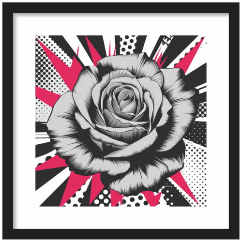 Monochrome pop art painting of a rose with bold halftone patterns and red accents - striking floral wall art.