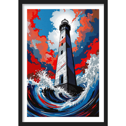 Dramatic pop art-style painting of a lighthouse surrounded by crashing waves and stormy sky - bold nautical wall decor.