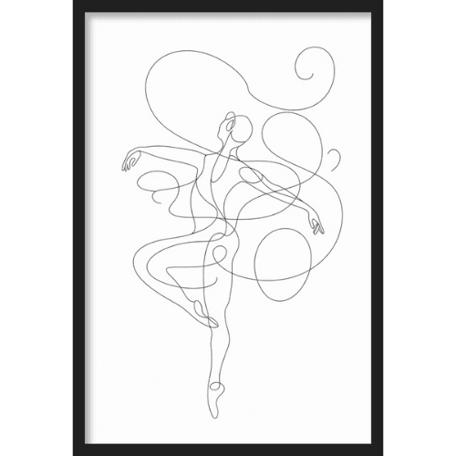Minimalist line art of a balarina dancing with flowing ribbon-like curves in a modern abstract style.