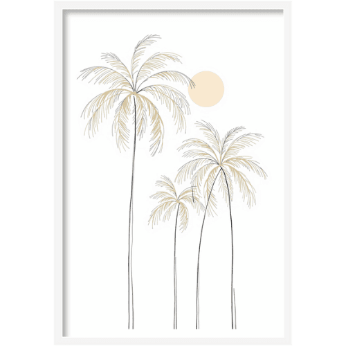 Simple and elegant line drawing of three tall palm trees with a warm sun, in soft pastel tones - tropical contemporary artwork.