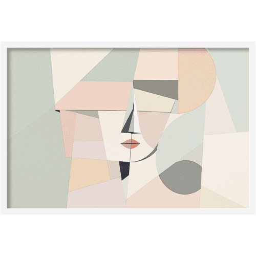 Geometric art of a womans face composed of pastel-colored shapes and minimal lines in a modern cubist style.