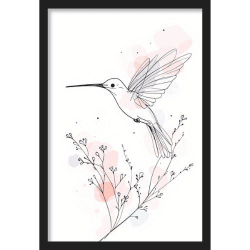 Delicate line art of a hummingbird in flight with pastel watercolor textures.