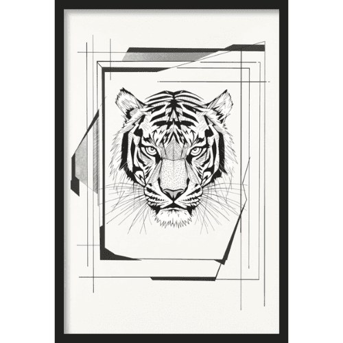 Black and white japanese inspired sketch poster of a tiger head in a contemporary line and frame composition.