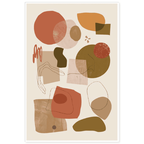 Abstract modern art with warm-toned organic shapes and textures in earthy colors on a neutral beige background.