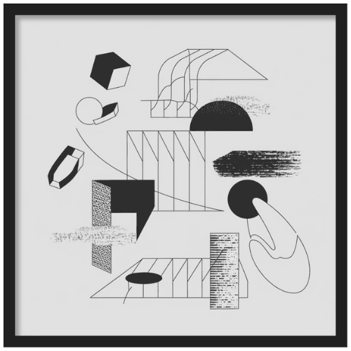 Monochrome abstract composition with geometric shapes, textures, and lines arranged in a structured, minimalist layout.