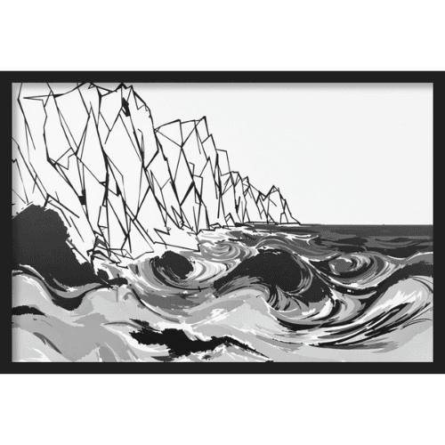 Black and white stylized illustration of rugged ocean cliffs and turbulent waves in a graphic landscape style.