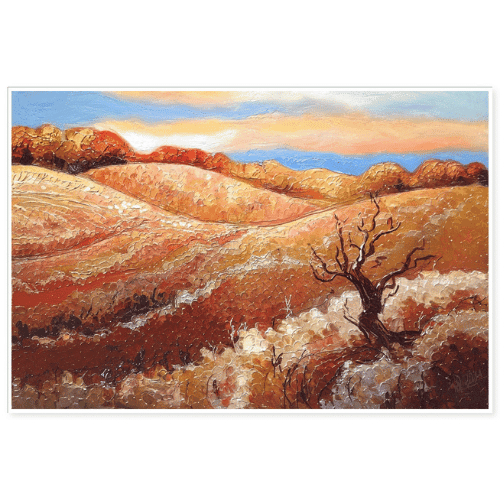Oil painting of golden hills and a lone tree under a soft sunset sky with warm earthy tones