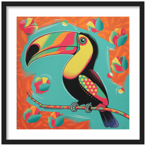 Vibrant pop art toucan illustration with colorful feathers on an abstract orange and teal background - modern tropical wall art print.