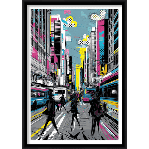 Urban street scene in expressive pop art style with silhouettes, skyscrapers, and bold colors - modern cityscape artwork.