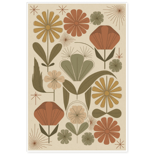 Vintage floral illustration with earthy tones and mid-century modern flowers - retro botanical wall art.