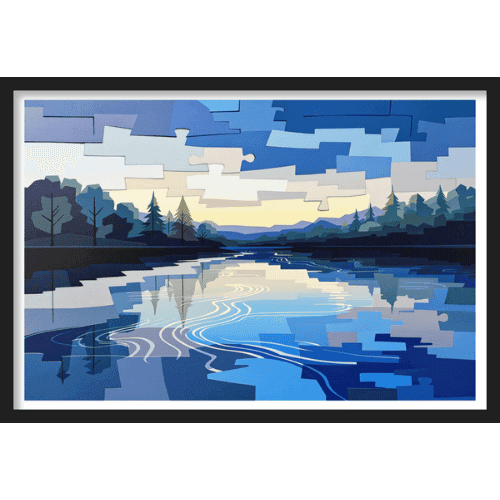 Landscape art of a tranquil lake at sunset with puzzle-like blocks in blue tones - abstract and modern nature artwork.