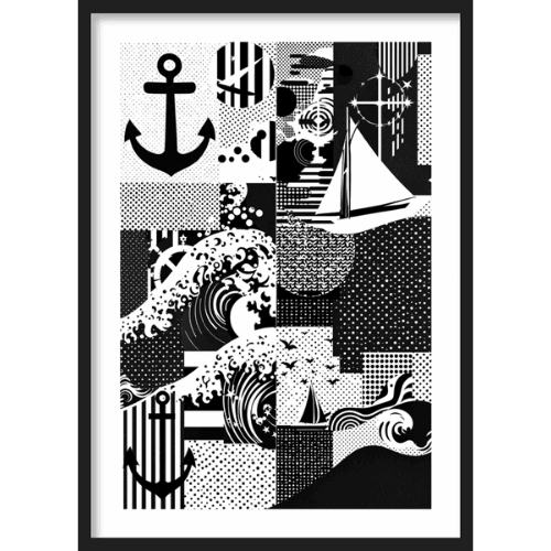 Black and white nautical-themed pop art collage with anchors, sailboats, and waves - contemporary maritime wall decor.