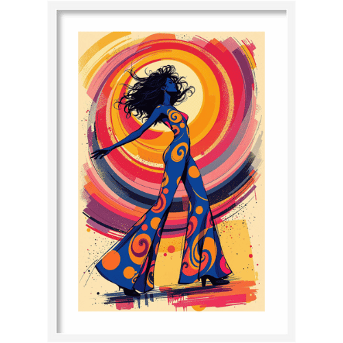 Psychedelic-style artwork of a dancing woman in a swirling colorful background - retro pop art expression.