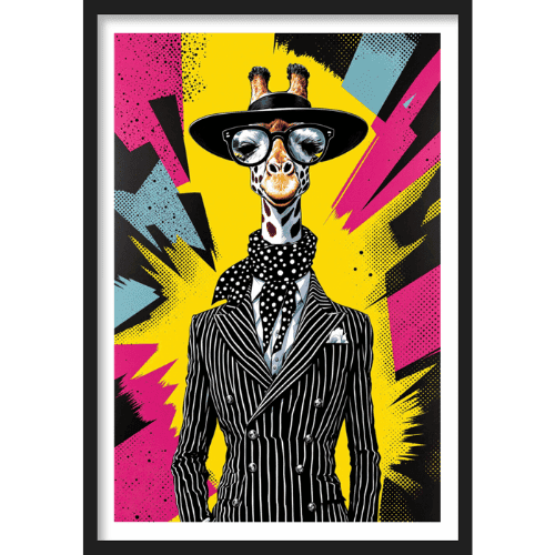 Fun pop art poster of a giraffe in a striped suit with sunglasses - quirky and colorful animal wall art for modern interiors.