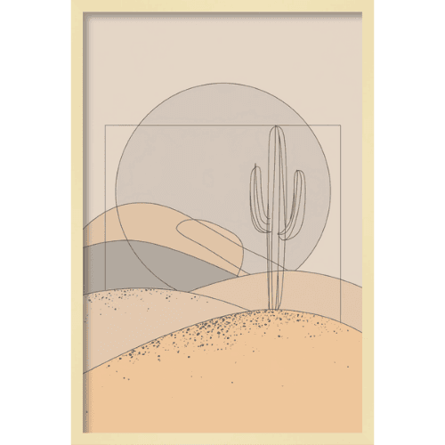 Minimal desert scene with cactus and soft pastel shapes - abstract line art for bohemian modern decor.