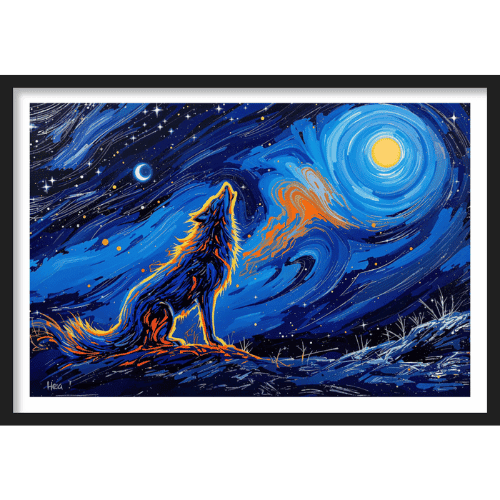 Van Gogh inspired painting of a howling wolf under a swirling night sky - expressive and colorful fantasy-style animal art print.