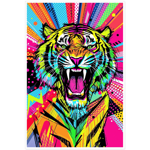 Neon vibrant pop art tiger - bold and energetic wall art for colorful interiors.