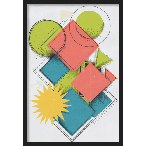 Geometric abstract artwork with overlapping squares, circles, and bold colors including lime green, coral red, and cyan.