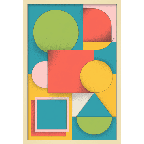 Modern abstract wall art featuring colorful geometric shapes—circles, squares, and arches.