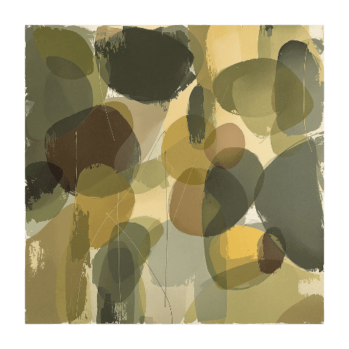 Earth-toned abstract painting with layered organic shapes and translucent brushstrokes.